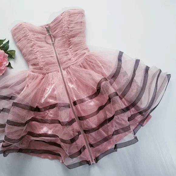 Betsey Johnson Pink Film Noir Dress Tulle Skirt Strapless Prom Dress Vintage Y2K